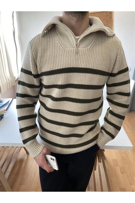 Beyaz-Siyah Erkek Regular Fermuarlı Balıkçı Triko Kazak