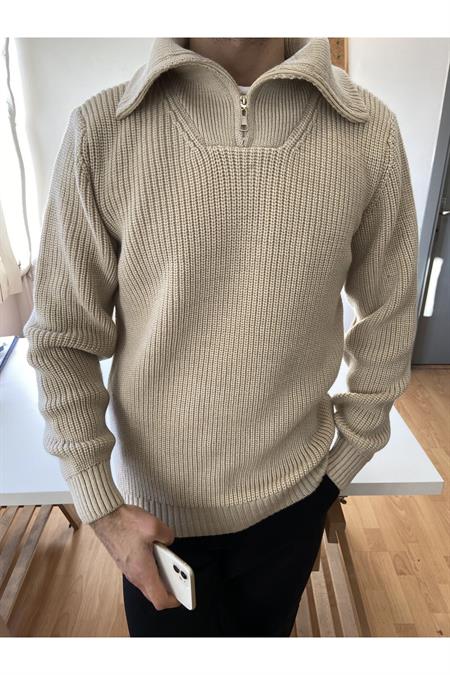 Beyaz Erkek Regular Fermuarlı Balıkçı Triko Kazak