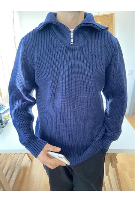 Beyaz Erkek Regular Fermuarlı Balıkçı Triko Kazak