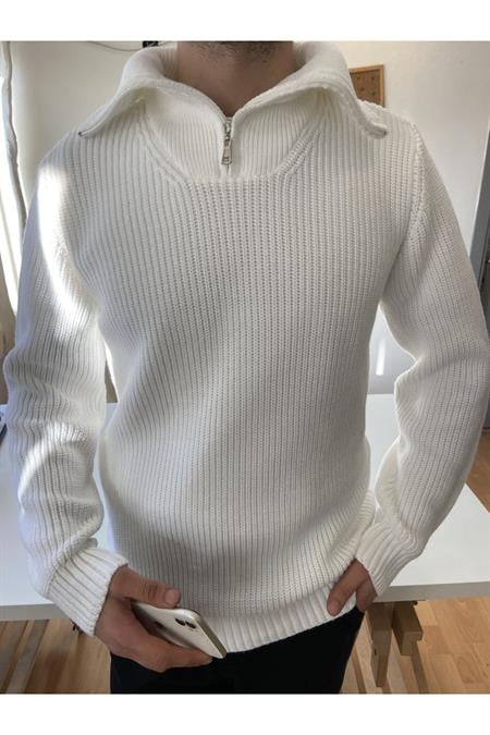 Beyaz Erkek Regular Fermuarlı Balıkçı Triko Kazak