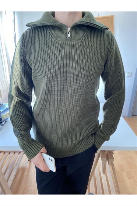 Beyaz Erkek Regular Fermuarlı Balıkçı Triko Kazak