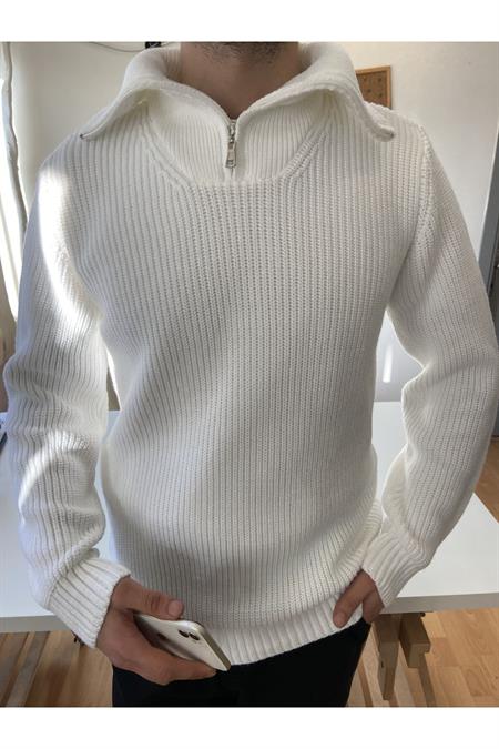 Beyaz Erkek Regular Fermuarlı Balıkçı Triko Kazak