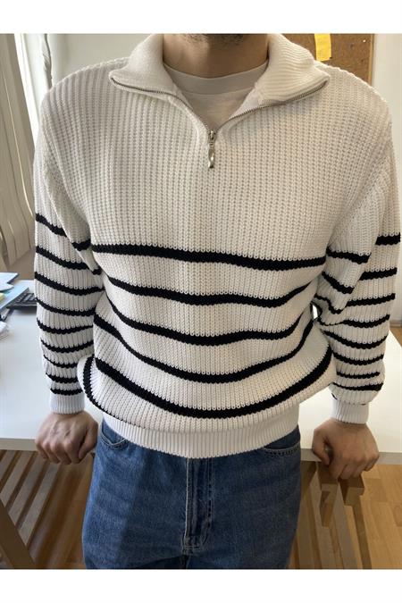 Haki-Beyaz Erkek Regular Fermuarlı Balıkçı Triko Kazak