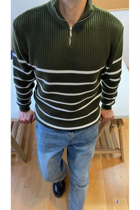 Haki-Beyaz Erkek Regular Fermuarlı Balıkçı Triko Kazak