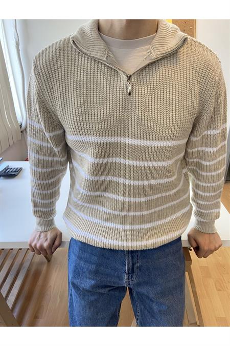 Haki-Beyaz Erkek Regular Fermuarlı Balıkçı Triko Kazak