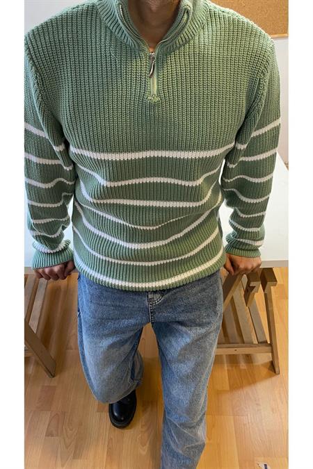 Haki-Beyaz Erkek Regular Fermuarlı Balıkçı Triko Kazak