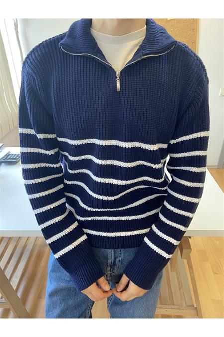 Haki-Beyaz Erkek Regular Fermuarlı Balıkçı Triko Kazak