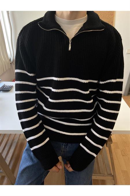 Haki-Beyaz Erkek Regular Fermuarlı Balıkçı Triko Kazak