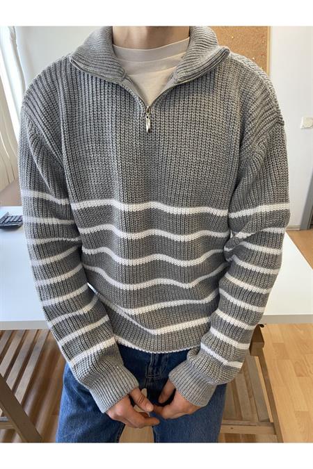 Haki-Beyaz Erkek Regular Fermuarlı Balıkçı Triko Kazak