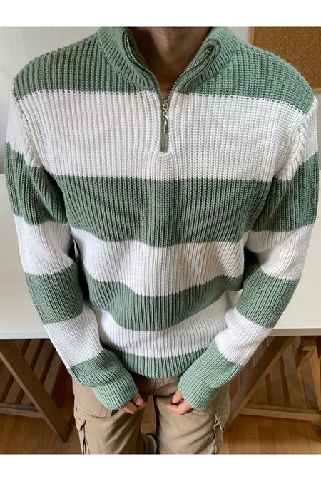 Su Yeşili-Beyaz Fermuarlı Çizgili Desenli Triko Kazak