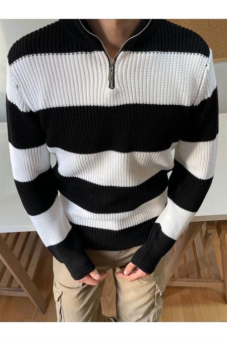 Su Yeşili-Beyaz Fermuarlı Çizgili Desenli Triko Kazak