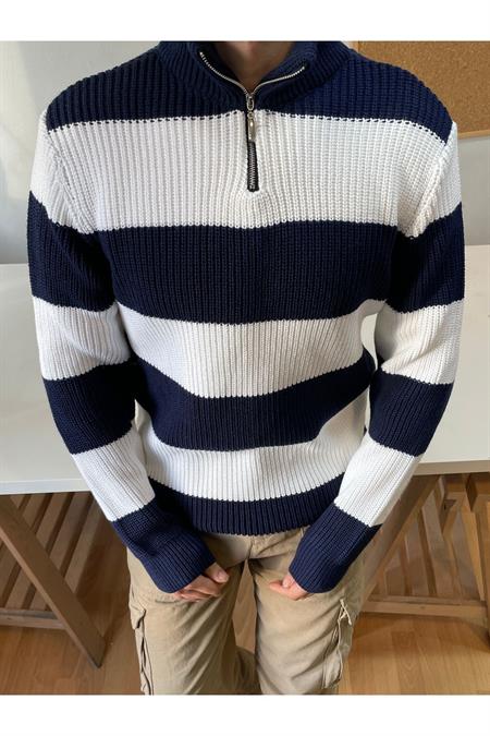 Su Yeşili-Beyaz Fermuarlı Çizgili Desenli Triko Kazak