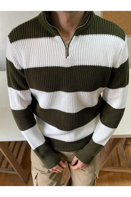 Su Yeşili-Beyaz Fermuarlı Çizgili Desenli Triko Kazak