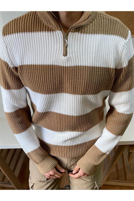 Su Yeşili-Beyaz Fermuarlı Çizgili Desenli Triko Kazak