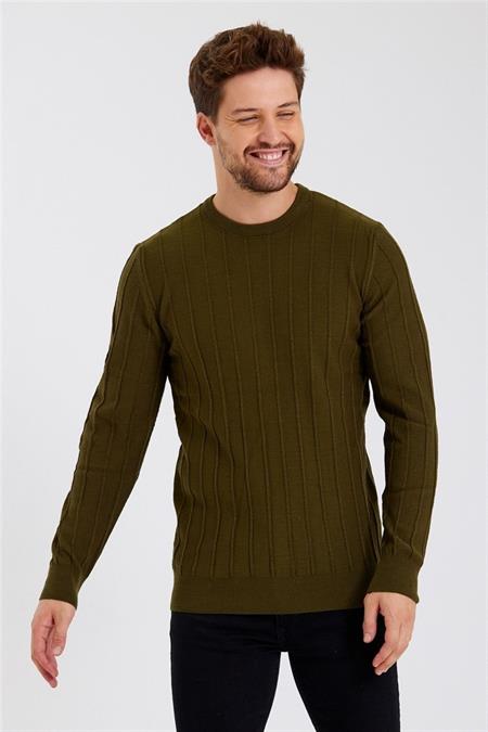 Erkek Krem Çizgili Yuvarlaka Yaka Örme Ince Triko-trz1926r03s