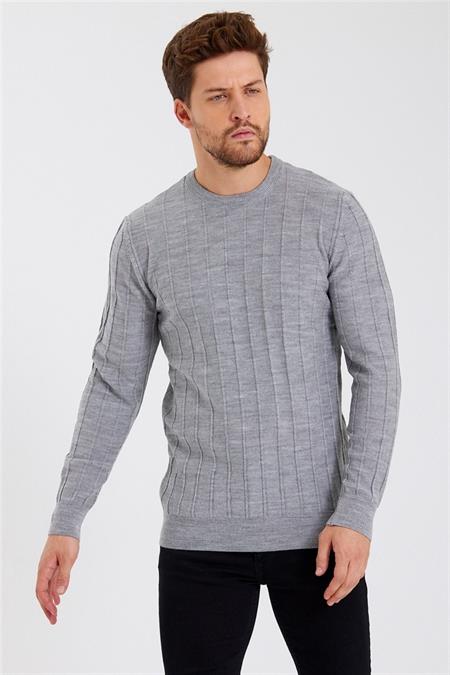 Erkek Krem Çizgili Yuvarlaka Yaka Örme Ince Triko-trz1926r03s