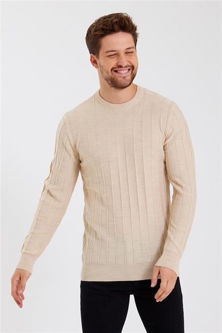 Erkek Krem Çizgili Yuvarlaka Yaka Örme Ince Triko-trz1926r03s