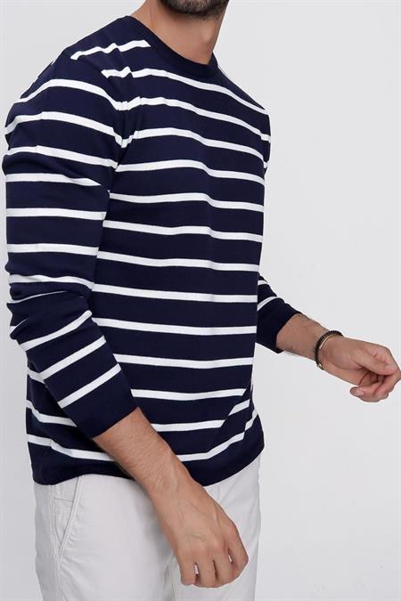 Erkek Siyah Bisiklet Yaka Çizgili Casual Triko Kazak
