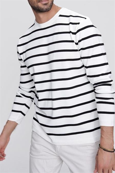 Erkek Siyah Bisiklet Yaka Çizgili Casual Triko Kazak