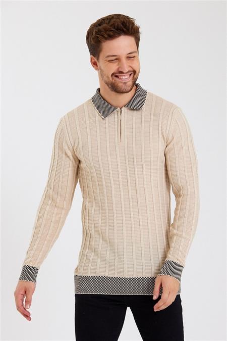 Erkek Krem Polo Yaka Desenli Çizgili Triko-trz1972r04s