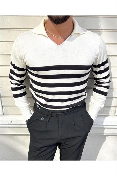 Siyah Erkek Çizgili Polo Yaka Triko Kazak