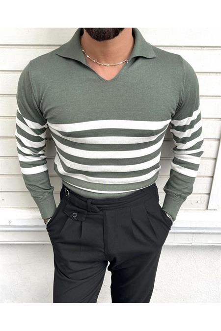 Siyah Erkek Çizgili Polo Yaka Triko Kazak