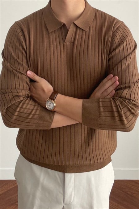 Erkek Slim Fit Uzun Kollu Polo Yaka Triko Kazak