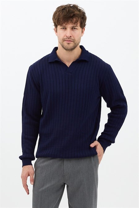Erkek Slim Fit Uzun Kollu Polo Yaka Triko Kazak