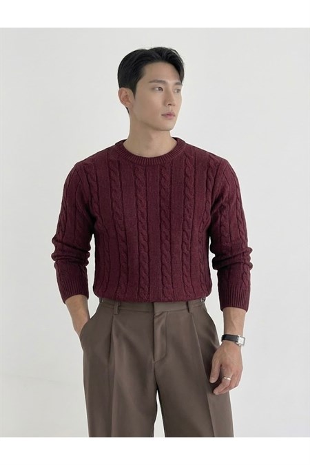 Erkek Bisiklet Yaka Slim Fit Saç Örgülü Triko Kazak