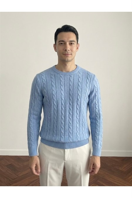 Erkek Bisiklet Yaka Slim Fit Saç Örgülü Triko Kazak