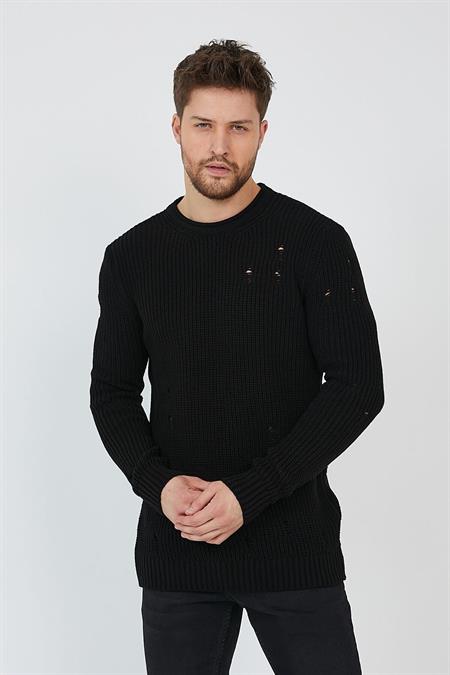 Siyah Erkek Destroylu Modelli Triko Kazak-trz8141r06l