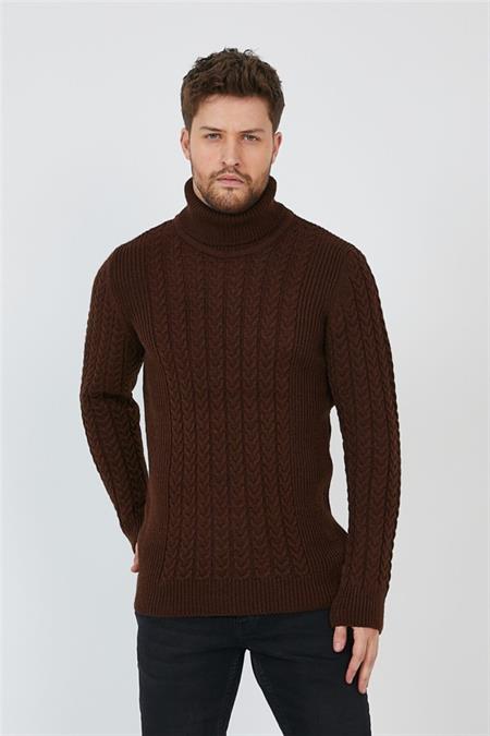 Kahverengi Erkek Örgü Desenli Balıkçı Yaka Triko Kazak-trz8146r04s