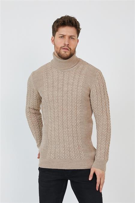 Bej Erkek Örgü Desenli Balıkçı Yaka Triko Kazak-trz8146r05s