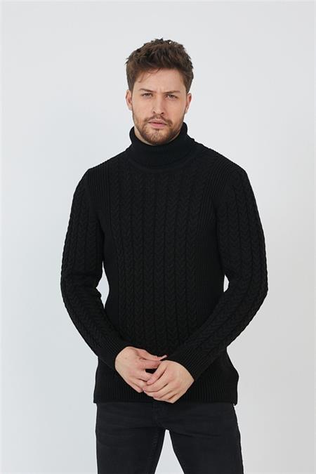 Siyah Erkek Örgü Desenli Balıkçı Yaka Triko Kazak-trz8146r07s