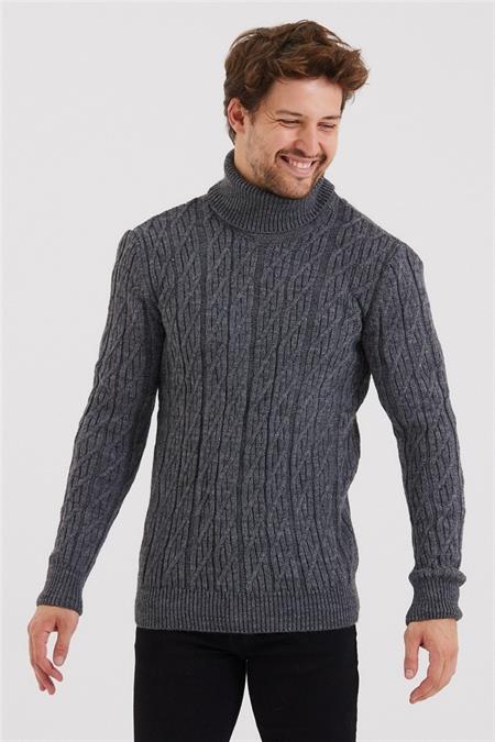 Erkek Vizon Örgü Desenli Triko Kazak-trz8147r05s