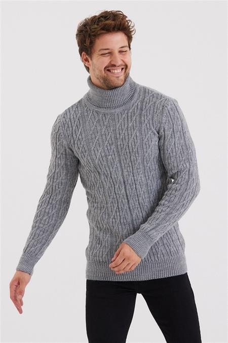 Erkek Vizon Örgü Desenli Triko Kazak-trz8147r05s