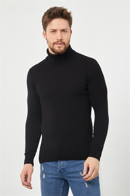 Erkek Lacivert Saç Örgü Balıkçı Yaka Triko Kazak-trzcm0010r21s