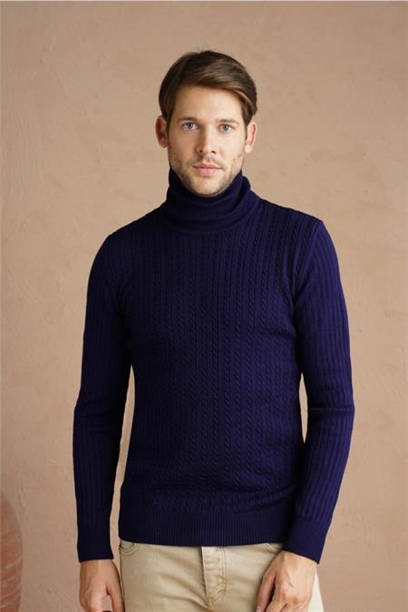 Erkek Lacivert Saç Örgü Balıkçı Yaka Triko Kazak-trzcm0010r21s