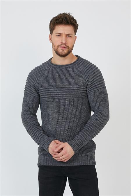 Antrasit Erkek Nervürlü Bisiklet Yaka Triko Kazak-trzcm28888r50s