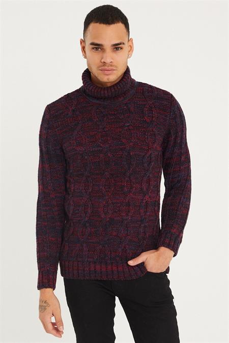 Erkek Koyu Bordo Desenli Kalın Balıkçı Yaka Kazak
