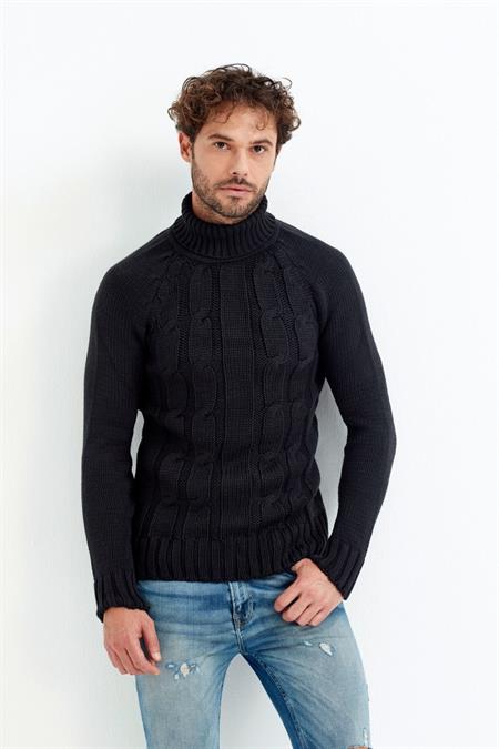 Erkek Koyu Bordo Desenli Kalın Balıkçı Yaka Kazak