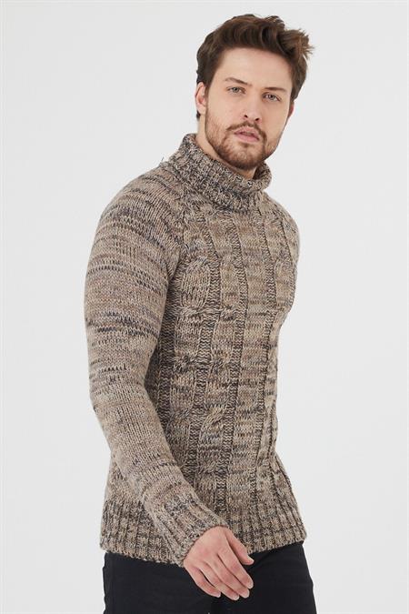 Erkek Koyu Bordo Desenli Kalın Balıkçı Yaka Kazak