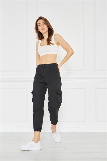 Kadın Bej Jogger Paça Lastikli Kargo Cepli Gabardin Kadın Pantolon Kadın Kargo