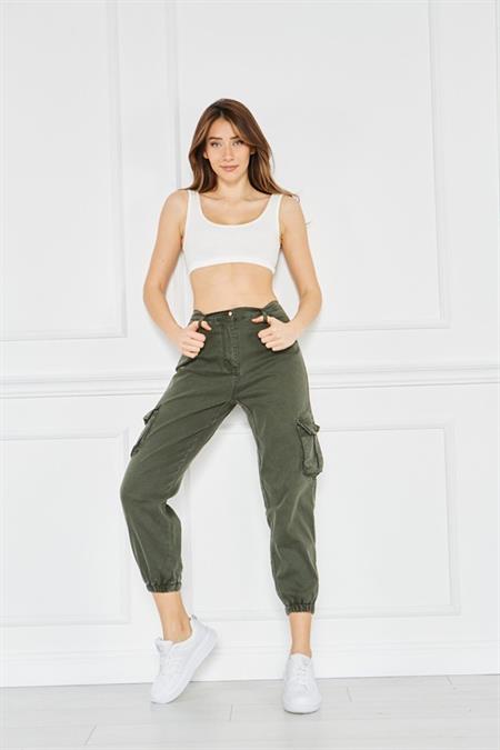Kadın Bej Jogger Paça Lastikli Kargo Cepli Gabardin Kadın Pantolon Kadın Kargo