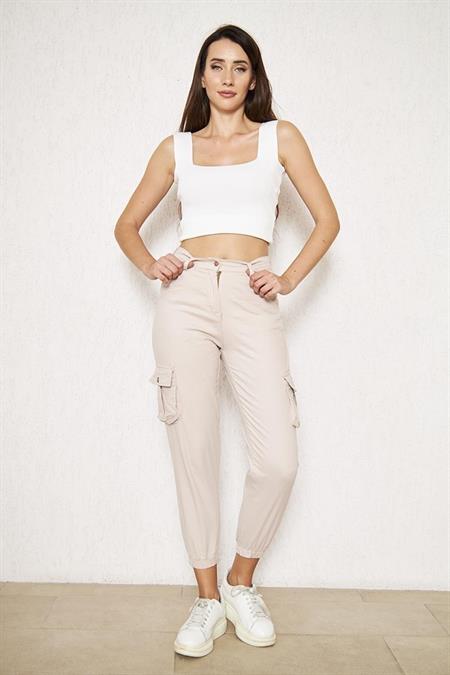Kadın Bej Jogger Paça Lastikli Kargo Cepli Gabardin Kadın Pantolon Kadın Kargo