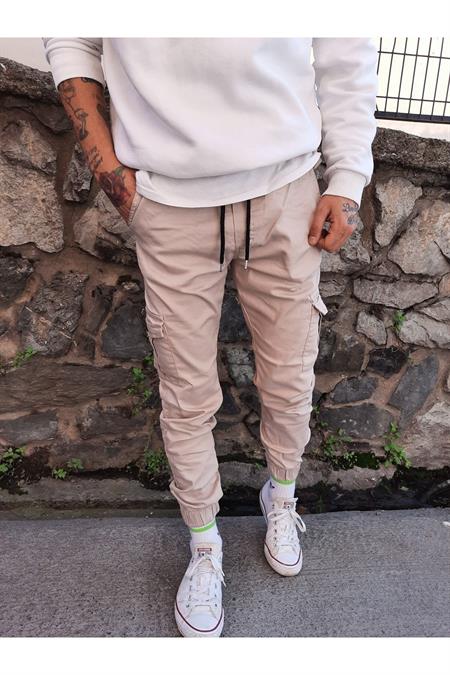 Erkek Haki Paçası Lastikli Likralı Pantolon