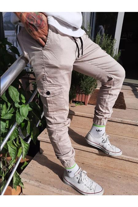 Slim Fit None Denim Yandan Cepli Bel Bağcıklı, Paçaları Lastikli Esnek Kumaş Erkek Kargo Pantolon