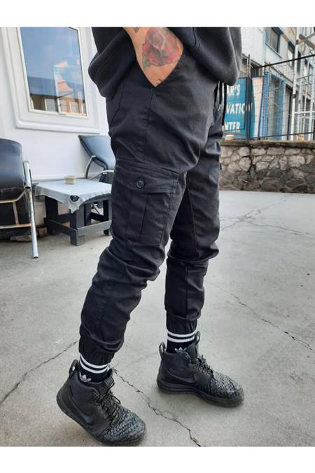 Slim Fit None Denim Yandan Cepli Bel Bağcıklı, Paçaları Lastikli Esnek Kumaş Erkek Kargo Pantolon