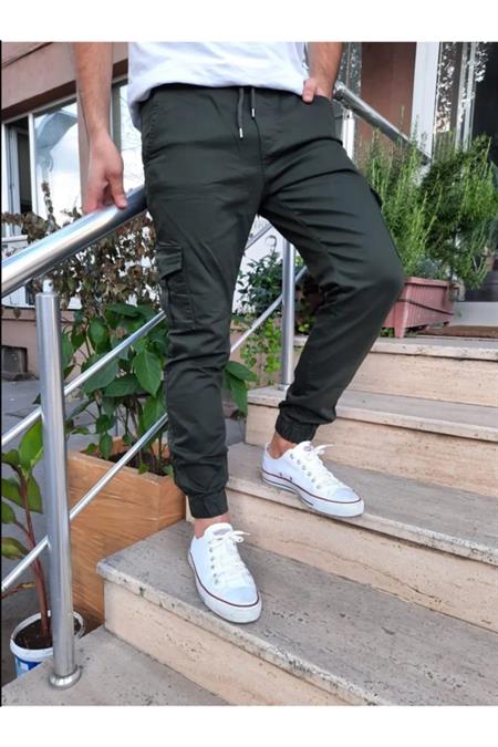 Slim Fit None Denim Yandan Cepli Bel Bağcıklı, Paçaları Lastikli Esnek Kumaş Erkek Kargo Pantolon