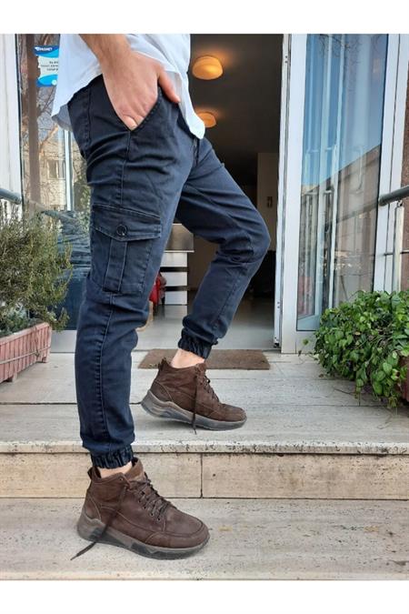 Slim Fit None Denim Yandan Cepli Bel Bağcıklı, Paçaları Lastikli Esnek Kumaş Erkek Kargo Pantolon